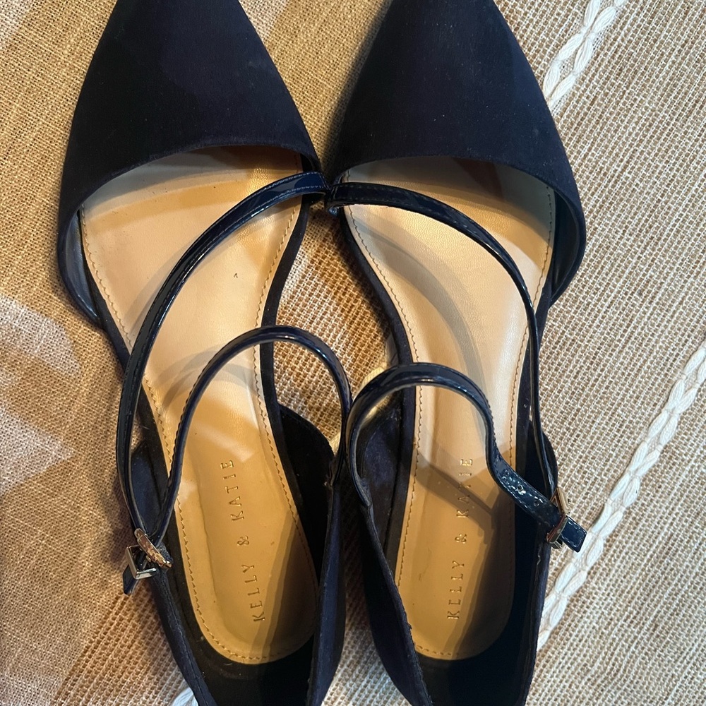 Kelly & Katie Navy Pointed-Toe D'Orsay Flats with Ankle Straps Ky Derby